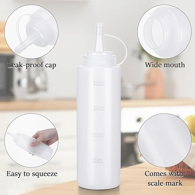 Katfort Condiment Squeeze Bottles Ketchup Dispenser, 6 Pack 8oz Squeeze Bottles for Liquids, Plastic Sauce Bottle with Cap Lid, Squirt Bottles for Sauces Liquids BBQ Dressing Pancake Art