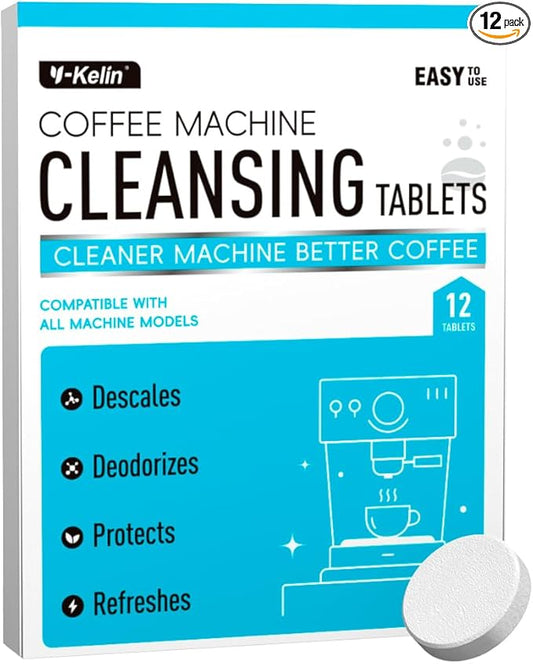 Y-Kelin Coffee Maker Cleaner And Descaler Tablets - 12Count Descaling & Cleaning Solution for Coffee Makers, Pot, Espresso Machines Removes Stains & Oils