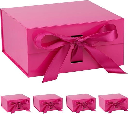 OEMVALATY Bright Pink Gift Box,10x10x5 Inches Gift Boxes with Lids for Presents with Magnetic Closure and Ribbon for Wedding,Storage,Birthday(5-Pack)