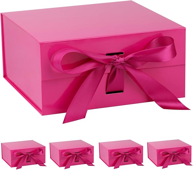OEMVALATY Bright Pink Gift Box,14x12x5 Inches Gift Boxes with Lids for Presents with Magnetic Closure and Ribbon for Wedding,Storage,Birthday(5-Pack)