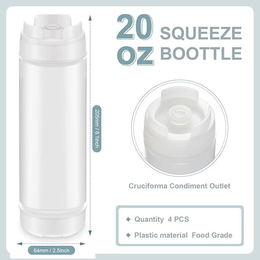 Didaey 4 Pcs Squeeze Bottles Refillable 20 oz, Inverted Plastic Tip Large Valve Dispenser Condiment Squeeze Bottle for Sauces Ketchup Sour Cream Self Sealing Syrup Dispenser for Restaurants (White)
