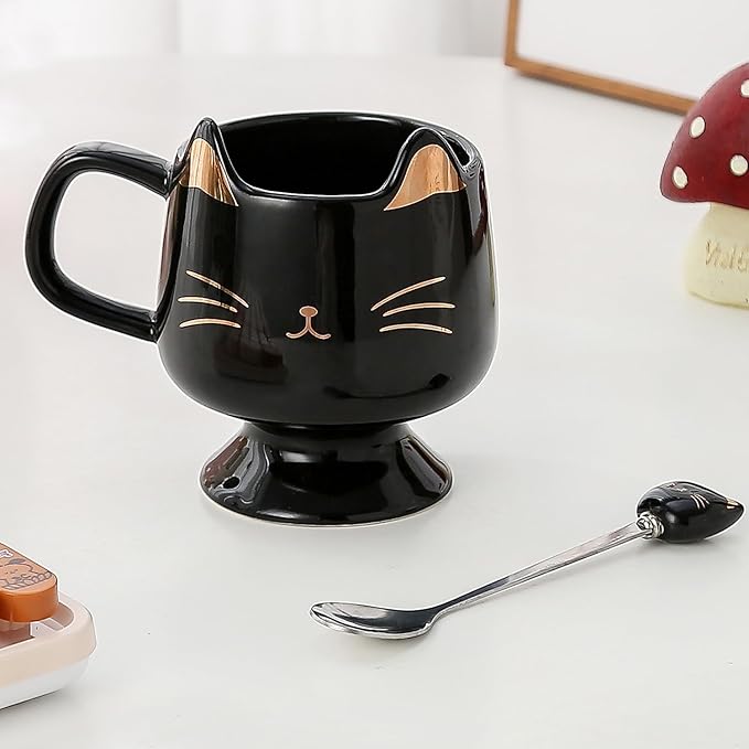 Yuwu Ceramic Coffee Mug, Cute Cat Tea Mug with Spoon, Funny Gifts for Women Girls for cat lovers (Black)