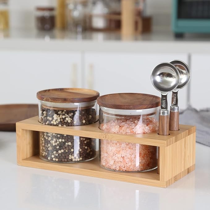 KKC HOME ACCENTS Airtight Borosilicate Glass Food Storage Jars with Wood Lids and Scoop for Coffee,Tea,Sugar,Salt,Wooden Top Glass Sealed Jars,18 Fluid Ounces