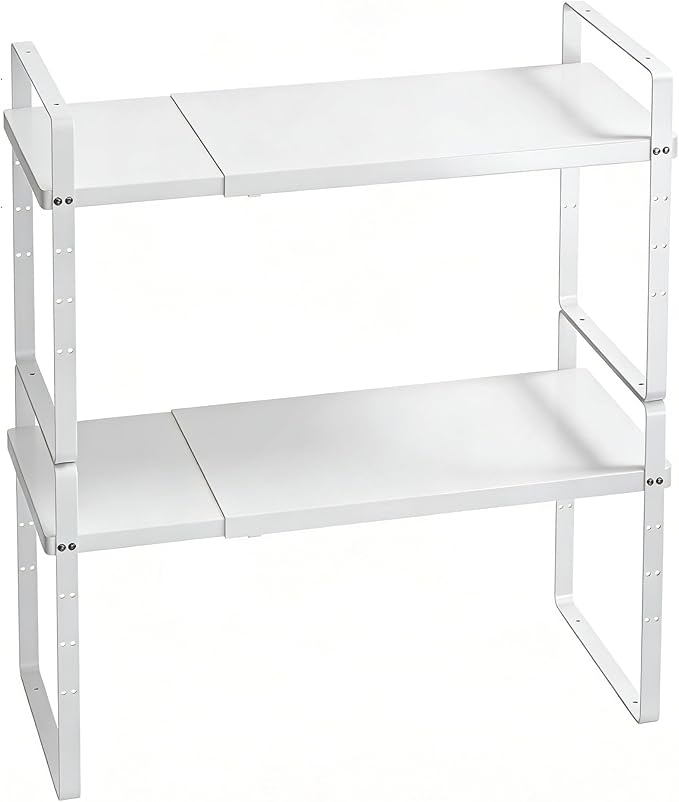 KIKIBRO Expandable Cabinet Shelf Organizer, Stackable Kitchen Pantry Counter Storage, Adjustable Closet Cupboard Stand Rack Risers Spice Organization 80LBS Heavy Duty White Large 2 Pack