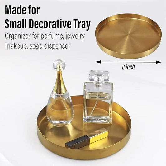 Freelove Round Serving Tray, Perfume Organizer Candle Organization Centerpieces for Dinning Preppy Room Decor Coffee Table Desk Vanity Countertop Bathroom Storage Accessories, Brass Gold, 8 inch