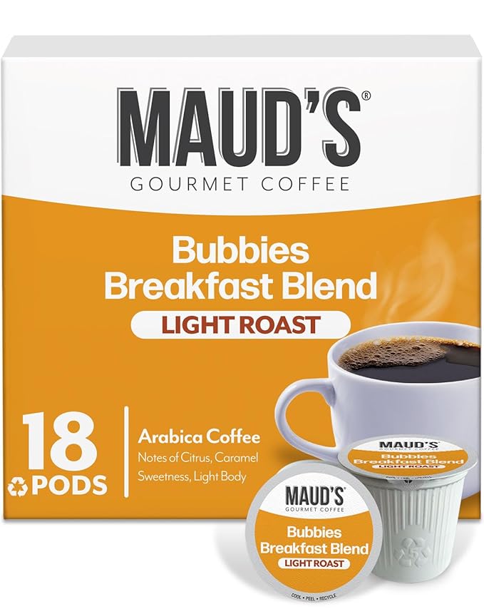 Maud's Breakfast Blend Coffee Pods, 18 ct, Light Roast Coffee in Recyclable Single Serve Pods – 100% Arabica Beans, Compatible with Keurig K Cups Maker