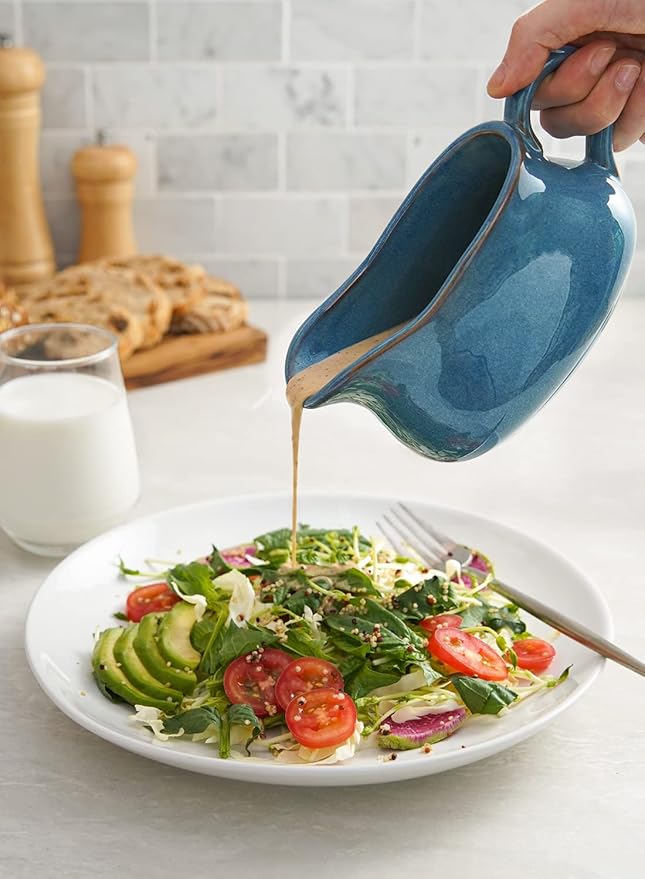 LE TAUCI 17oz Gravy Boat with Saucer Stand, Set of 2, Ceramic Sauce Boat with Tray for Salad Dressings, Creamer, Broth, Black Pepper, Ceylon Blue
