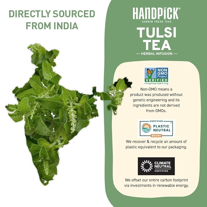 HANDPICK Original Tulsi Tea (100 count) Holy Basil Tea | Non-GMO, Caffeine-Free Herbal Tea | Ecofriendly Round Tea Bags