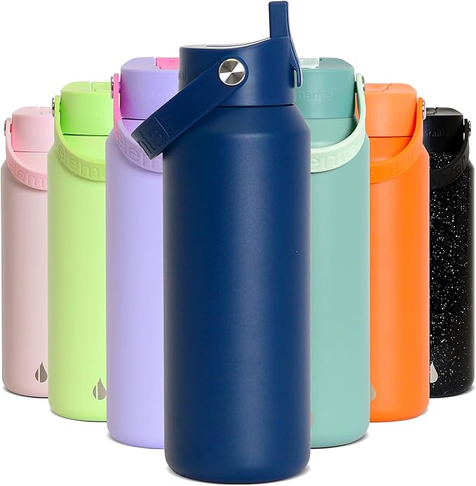 Elemental 40oz Insulated Water Bottle with Straw - 100% Leak-Proof Stainless Steel Core Water Bottles for Travel, Sports and Gym - Double Wall Insulation & BPA Free - Navy