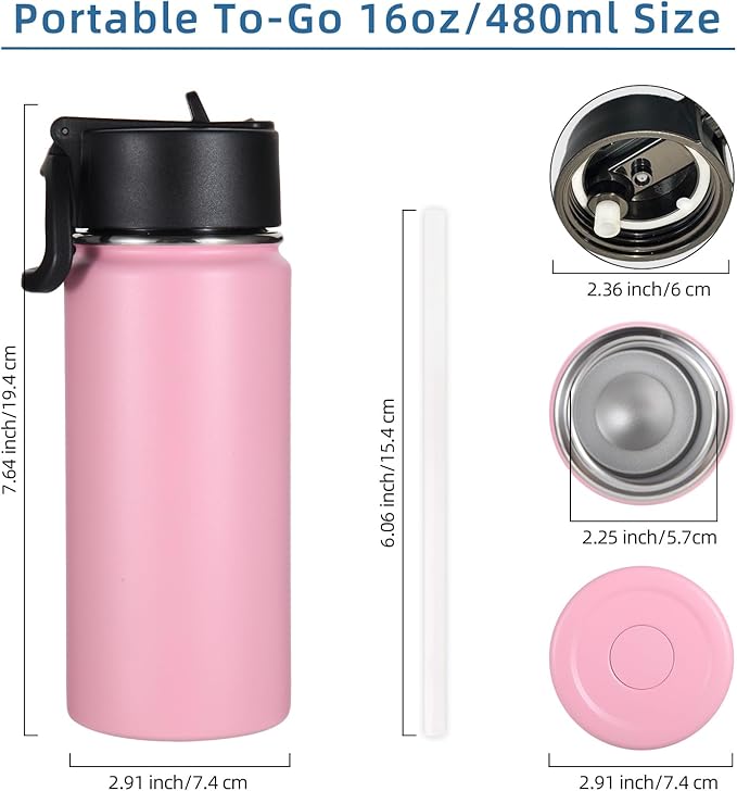 Volhoply Kids Insulated Water Bottle with Straw,16oz Stainless Steel Cold Water Bottles for School,BPA-Free Metal Wide Mouth Cups with Handle Lid,Reusable Double Wall Vacuum Sport Flask(Pink,1)