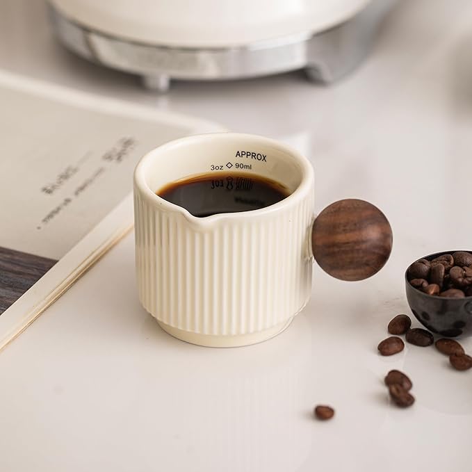 KEMORELA Ceramic Espresso Cups with Spouts & Handles, 3 oz & 90 Milliliter Markings, Espresso Shots, Durable Heat-Resistant Ceramic, Perfect Coffee Accessories for Espresso Lovers (White)