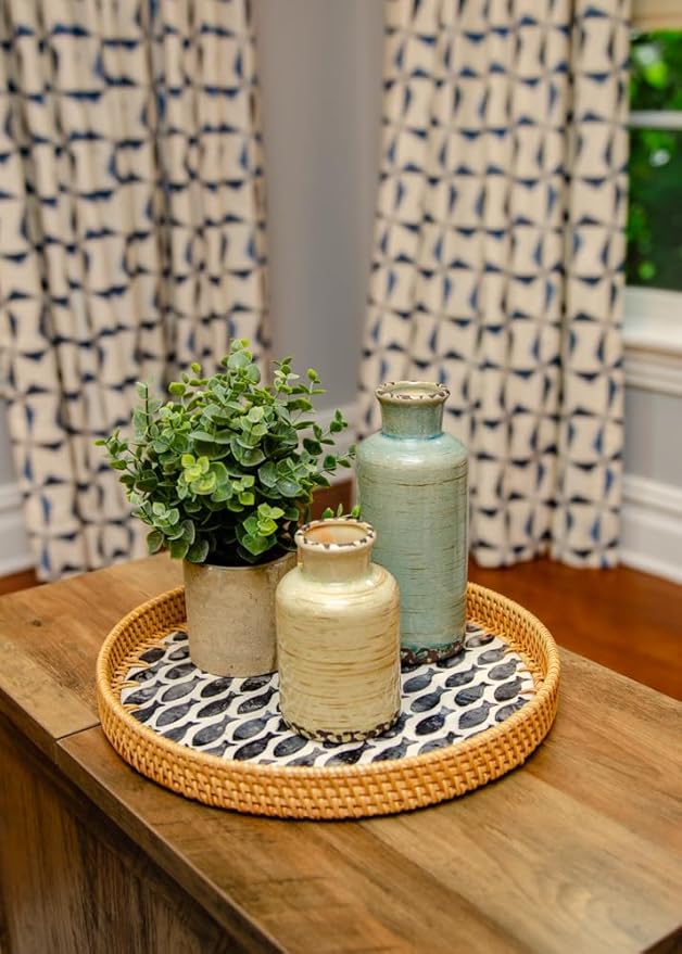 Magenta & Teal Round Rattan Serving Tray with Mother of Pearl Inlay, Wicker Coffee Table Decor, Farmhouse Style (Navy Fish)