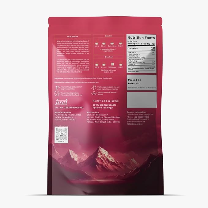 Hibiscus Raspberry Herbal Tea Bags, Caffeine Free Pyramid Tea Bags, Fruity Berry Blend with Rosehip, Lemongrass & Orange Peel, Hot or Ice Tea, 50 Biodegradable Bags