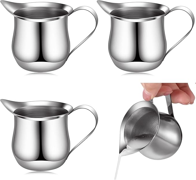Honeydak 4 Pcs 3 oz Mini Milk Creamer Frothing Pitcher Dispenser Container with Handle, Small Stainless Steel Bell Creamer for Coffee Barista Cappuccin Jug Cups Restaurant Bakery Kitchen