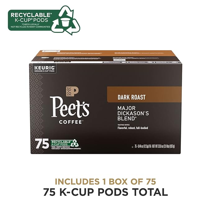 Peet's Coffee, Dark Roast Keurig K-Cup Pods, 100% Arabica Coffee - Major Dickason's Blend 75 Count (1 Box of 75 Pods)
