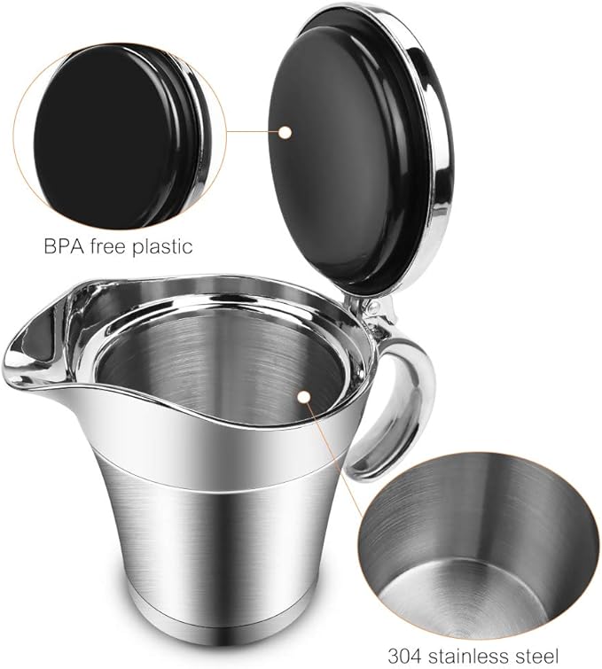 ShineMe Stainless Steel Gravy Boat Sauce Jug with Lid, 16oz Double Wall Insulated for Keeping Sauce Hot, Storage for Gravy or Cream, Apply for Home & Kitchen