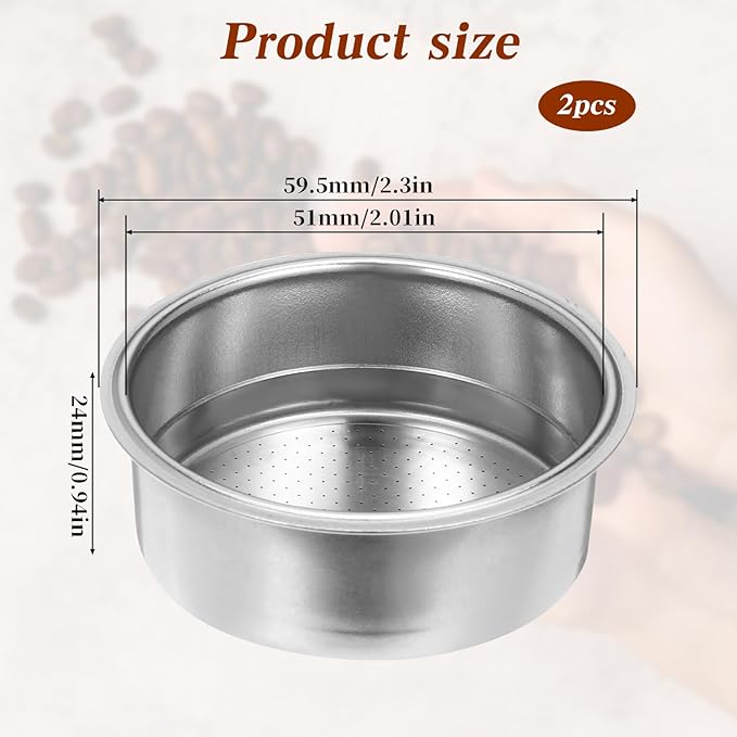 2 Pcs Stainless Steel Coffee Filter, 51mm Pressurized Espresso Filter Basket for Portafilter Machines Espresso Machine Parts Compatible with 51mm Portafilter Coffee Machines (2 Cups Capacity)