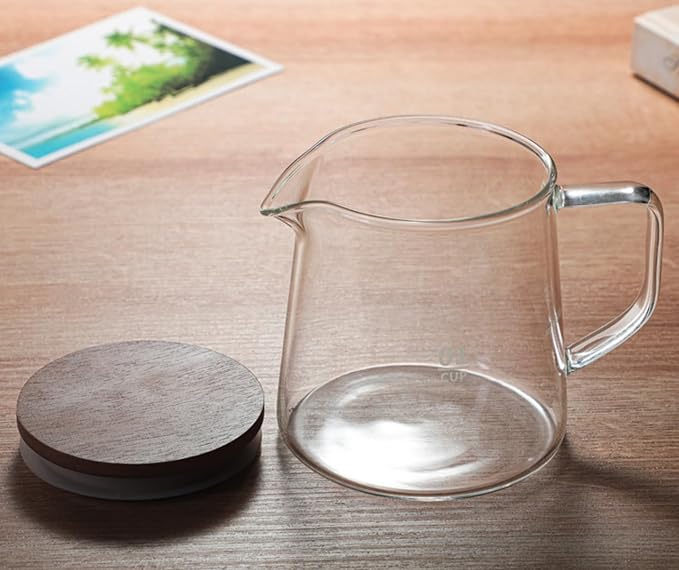 Elegant Clear Glass Creamer Coffee Milk Creamer Pitcher, Coffee Pot Serving Set with Handle and Wooden Lid-Smooth-10 OZ