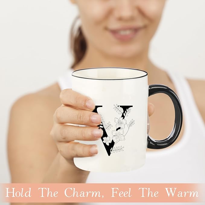 Monogram Ceramic Coffee Mugs, 11 oz Initial Drinking Cup with Gift Box, Unique Birthday Valentines Day Gifts for Women Wife Mothers Day Grandma Mom Aunt, V