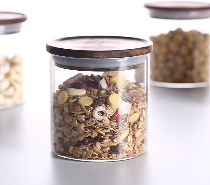 KKC HOME ACCENTS Airtight Glass Food Storage Jars with Wood Lids for Coffee,Sugar,Salt,Wooden Top Sealed Glass Kitchen Jars,18 Fluid Ounces