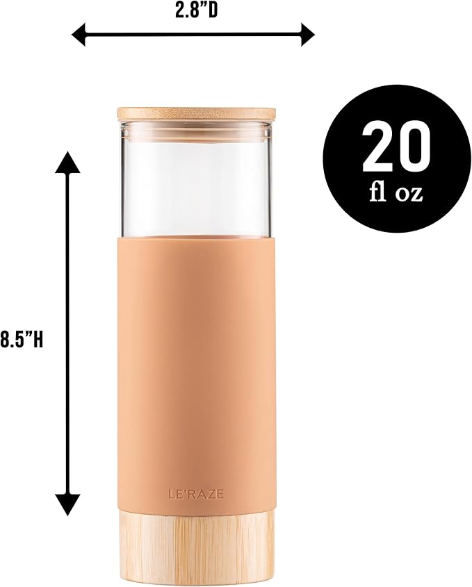 Premium 20oz Glass Tumbler Cup with Straw and Bamboo Lid & Base with Protective Silicone Sleeve - BPA Free - Growler Water Bottle Reusable Drinking Glasses Cup for Iced Tea, Coffee, Smoothie - Amber