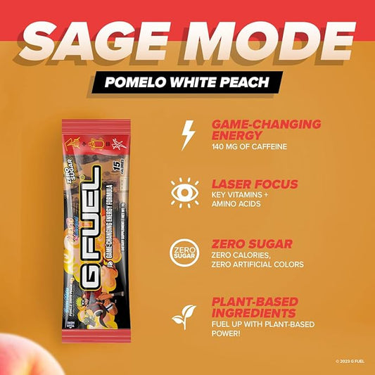 G Fuel Sage Mode Energy Powder Packets, Sugar Free, Clean Caffeine Focus Supplement, Water Mix, Pomelo Fruit + Peaches Flavor, Focus Amino, Vitamin + Antioxidants Blend - 6 Stick Pack, 0.25 oz