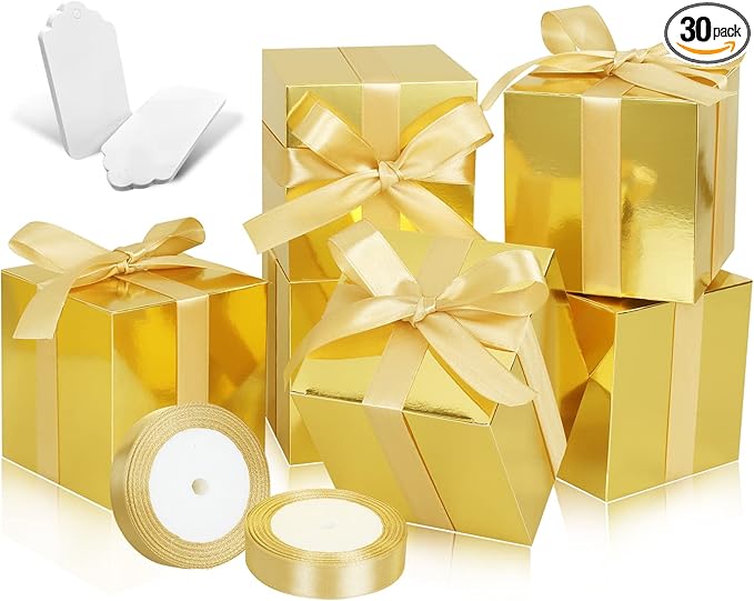 Gold Gift Boxes 5x5x5, 30 Pack Paper Gift Boxes with Lids for Gift, Bridesmaid Proposal Box, Cupcake Boxes, Gift Box for Wedding, Birthday, Groomsmen Proposal, Gifts, Packaging, Present