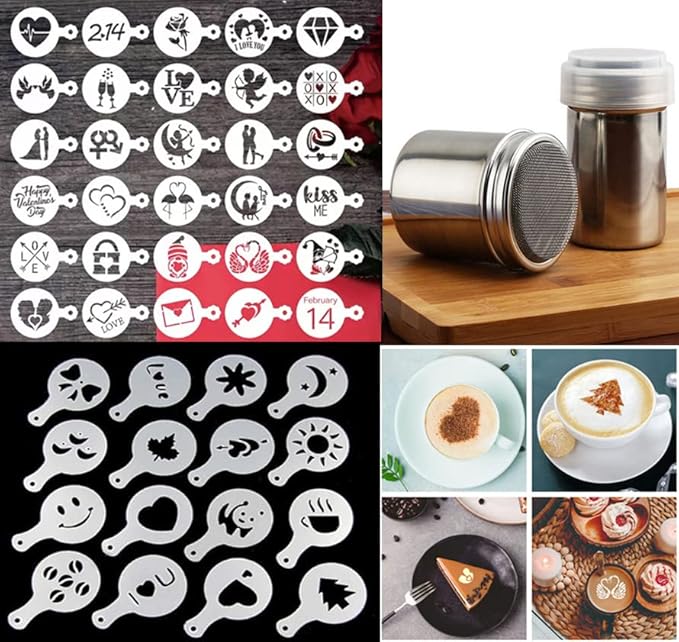 46 Coffee Stencils+2 Mesh Powder Shakers, Cake Baking Templates Coffee Decoration Stencils Coffee Art Template Coffee Mold Tool for Christmas Thanksgiving Cake Coffee Cappuccino