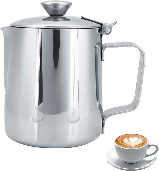 Milk Frothing Pitcher, Stainless Steel Pitcher with Lid Milk Frother Cup Milk Jug Coffee Creamer Container Creamer Dispenser Milk Steamer Cup Milk Cup with Lid for Latte Coffee Art(1000ML)