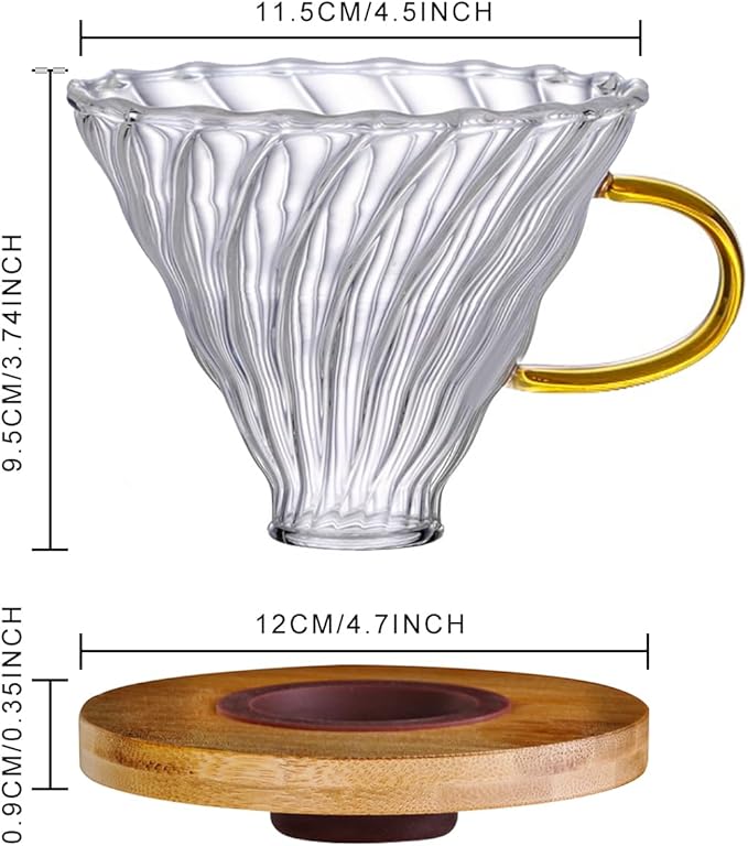 Gute Glass Coffee Dripper/Filter - Cone Glass Pour Over Coffee Dripper with Bamboo Stand & Handle, 1-4 Cups Drip Coffee Maker Funnel Accessories for Home, Office