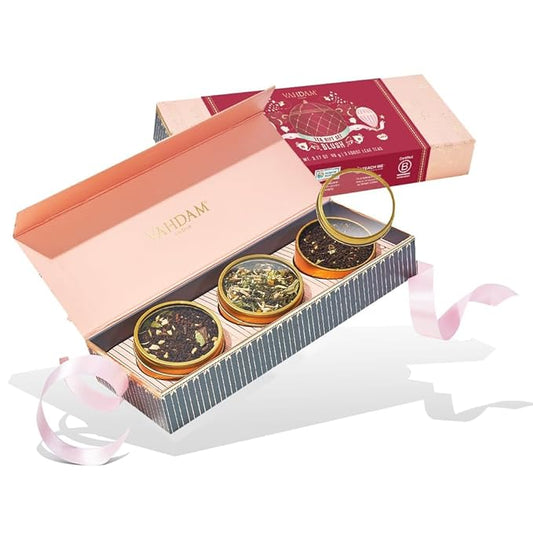 VAHDAM, BLUSH - Assorted Valentines Day Tea Gift Set for Women (3 Premium Teas) Tin Caddy Presentation Box | Loose Leaf Teas | Gluten Free & Non GMO | Valentines Day Gifts for Him & Her
