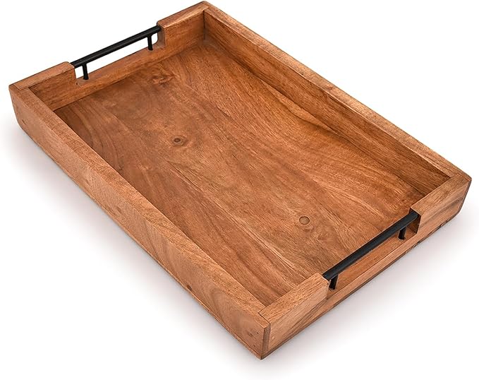 Tray with Metal Handles Acacia Wood Serving Tray Decorative Ottoman Coffee Table Tray for Living Room Kitchen Food Tray (15" X 10" X 1.6")