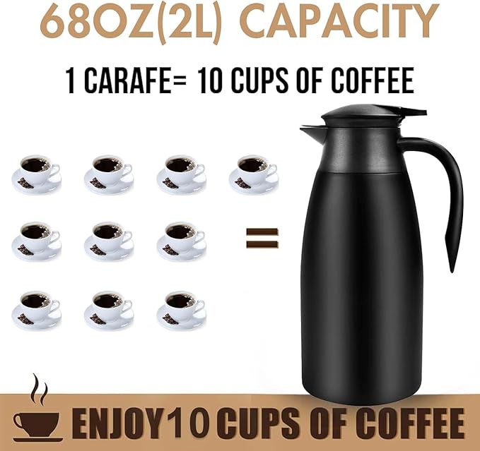 68oz Thermal Coffee Carafe, Airpot Insulated Coffee Urns Stainless Steel Vacuum Thermal Pot Dispenser for Coffee, Hot Water, Tea, Hot Beverage - Keep 12 Hours Hot, 24 Hours Cold (2 Pack Black)