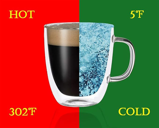 Glass Coffee Mug Set of 2 - Double Wall Clear Espresso Cup with Large Handle, Great for Latte, Cappuccino and Juice, 19 Ounce (560 ml), BE026
