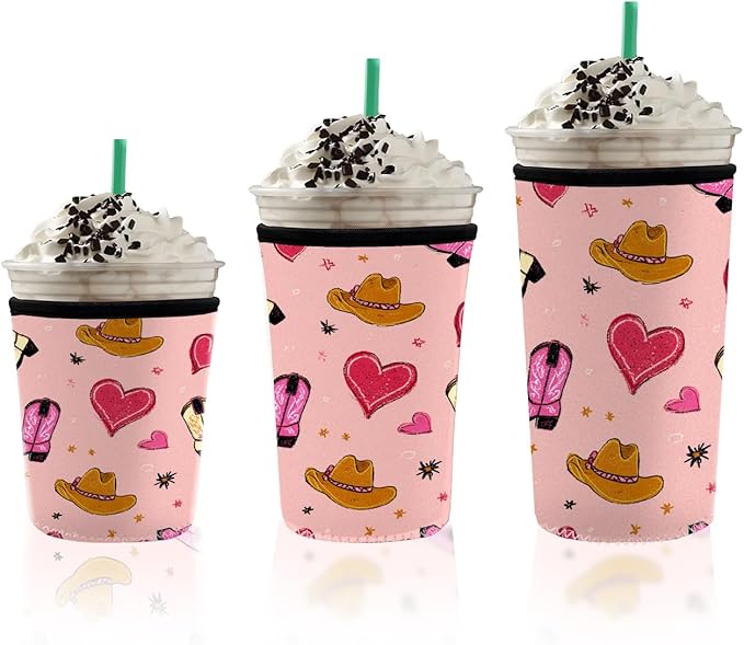 Boho Lotus Flower Neoprene Iced Coffee Cup Sleeve Set, Reusable Cold Drink Holder, Fits 16-30oz Cups, 3 Pack (yeehaw pink)
