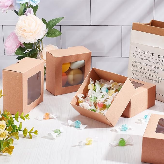 BENECREAT 12PCS Brown Kraft Paper Box with Clear Window, 3.94x3.94x1.97inch Square Kraft Paper Gift Box, Suitable for Wedding Party Gifts, Jewelry Packaging