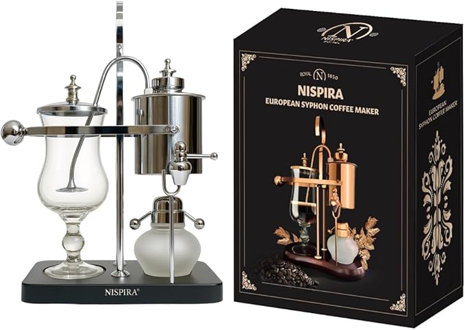 Nispira Belgian Balance Syphon Vacuum Coffee Maker, 500 ml Vintage Gravity Brewing System, Silver Finish, Manual Tabletop Coffee Brewer