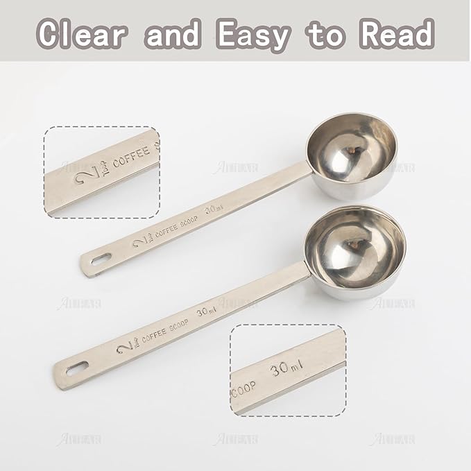 AUEAR, 2 Pack Coffee Measuring Scoop 304 Stainless Steel Spoon Tablespoon Spoons Kitchen Scoops with Long Handle for Home Milk Tea Sugar Powder Silver 30ml