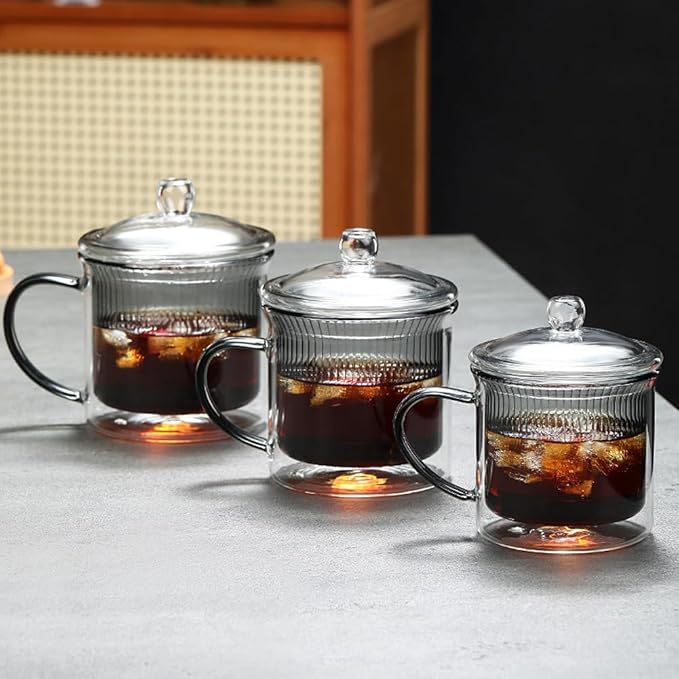 11OZ Double Walled Coffee Mugs Glass with Lid Handles,Cups for Latte,Hot Tea,Cappuccino, Mocha,Cocoa,Hot & Cold Beverages Glasses Heat Resistant Coffee Cups