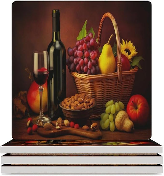 Red Wine Drink Coasters, Square Ceramic Drink Coaster Square-4PCS, Retro Red Wine Bottle and Grapes Fruit Basket Pattern Decor Absorbent Ceramic Coasters for Beverage Cup, Bar, Coffee Table