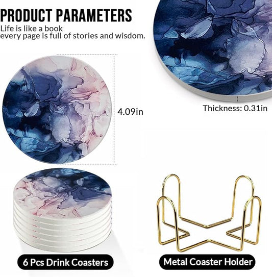 Ceramic Coasters Set of 6, Marble-Textured Design with Holder - Absorbent Cork-Backed Coasters for Cups, Bar & Coffee Table Decor Accessories (Blue-Pink Gradient, 6 Pack)