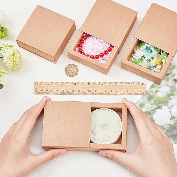BENECREAT 20 Pack Kraft Paper Drawer Box Festival Gift Wrapping Boxes Soap Jewelry Candy Weeding Party Favors Gift Packaging Boxes - Brown (3.26x3.26x1.3)