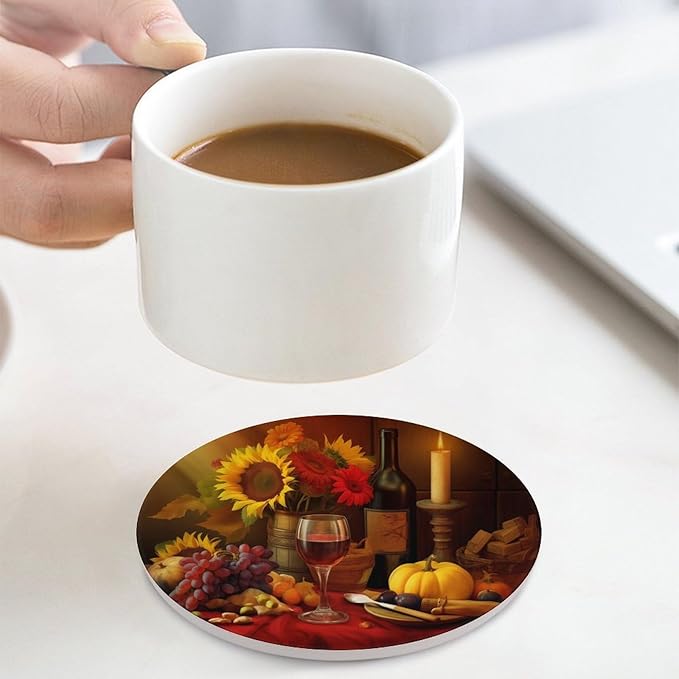 Round-4PCS Red Wine Ceramic Coasters, Round Absorbent Drink Coasters, Retro Wood Style Red Wine Fruit Grapes Fruit Floral Sunflower Ceramic Table Coasters for Coffee, Beverage, Wine, Beer Coasters
