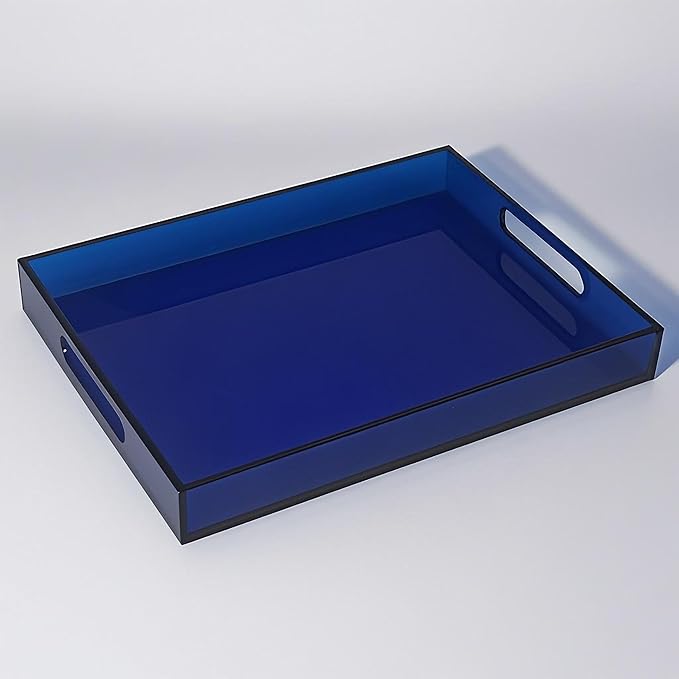 Sturdy 16" Acrylic Serving Tray with Handles - Ottoman Coffee Table Organizer for Food, Tea, Snacks, Vanity & Kitchen Countertop - Multi-Use for Bathroom, Living Room, Bar Parties (Dark Blue)