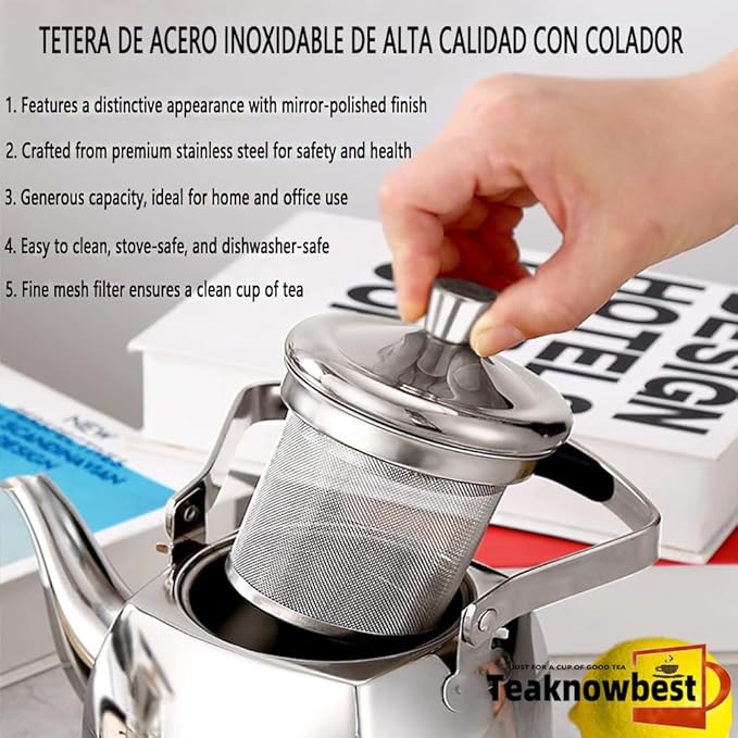 Stainless Steel Teapot with Infuser, Loose Leaf Tea Pot 50oz, Stovetop Safe Tea Kettle, Dishwasher Safe (1500ml)