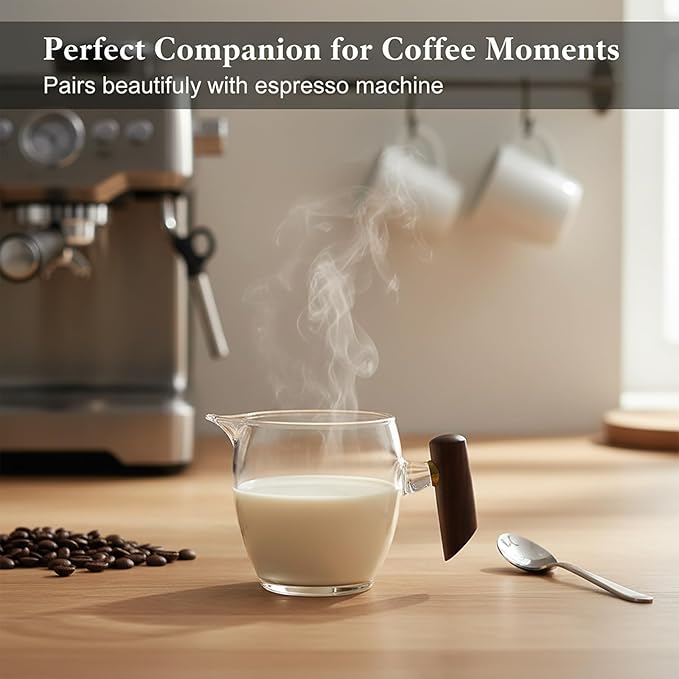 Small Glass Creamer Pitcher Set of 2, Elegant Spherical Transparent Creamer Pitcher for Coffee, Milk, Tea, 12 oz Milk Frothing Cup Creamer Jug for Coffee shop, Home and Kitchen, Wooden handle