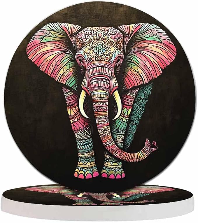 Tribal Elephant Table Coasters for Drinks Vintage Boho Colourful African Animal Isolate Portrait 100% Diatomite Home and Dining Room Bar Decor 4 X 4 X 0.35 Inch for Men Women