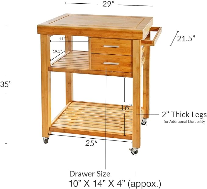 Home Aesthetics Rolling Kitchen Island Cart with Drawers Shelves, Towel Rack, Locking Casters, Butcher Block Food Prepping Cart Trolley on Wheels, Bamboo Wood