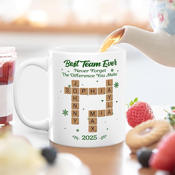 Joymade Personalized Ceramic Coffee Mug, Funny Custom Mug for Bestie, Friends, Couple, Coworker, Snowman Lovers (Best Team Ever Scrabble)