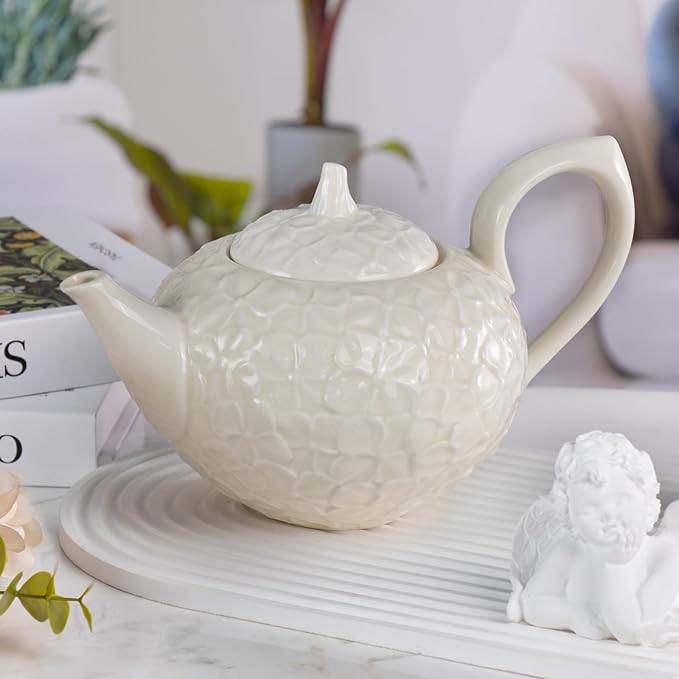 KAMMAK Teapot with Handle, Vintage Porcelain Tea Pot with Gold Trim, Blooming & Loose Leaf Teapot, Festive Holiday Serveware, Gifts for Women, Creamy White - 28 oz